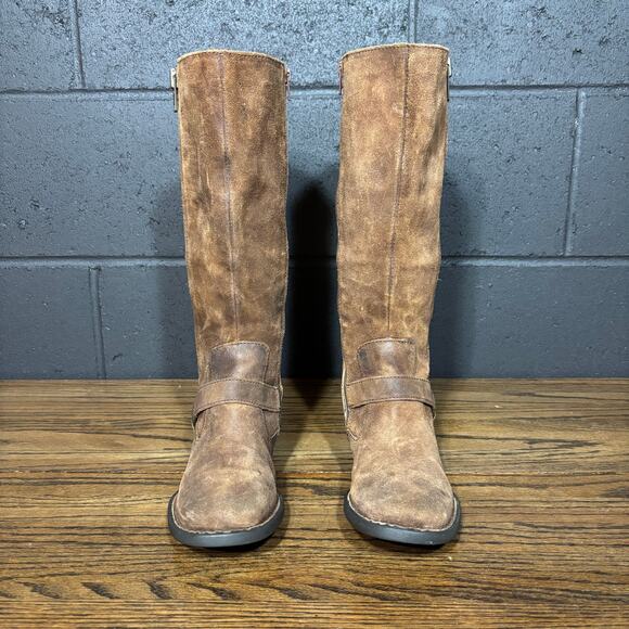 Born Women’s 6.5 Brown Distressed Suede Tall Riding Boots Western Harness Zip - Picture 3 of 8